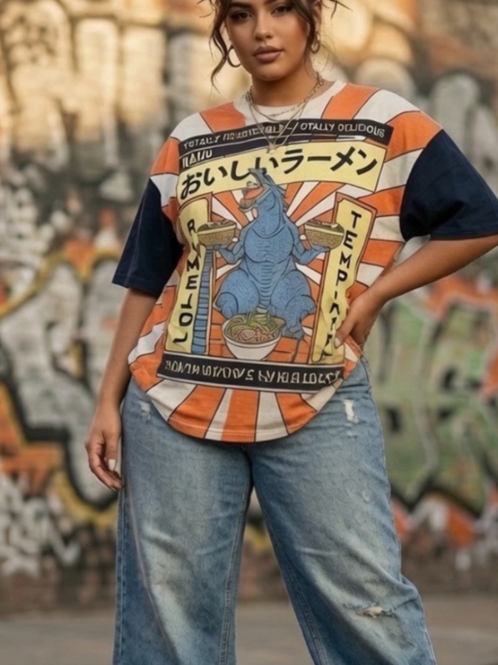 NWT Casual Orange & Navy Graphic Ramen Tee unisex XL